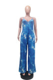 Blue Fashion Casual Print Backless Spaghetti Strap Regular Jumpsuits