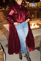 Wine Red Fashion Adult Faux Leather Solid Patchwork Turndown Collar Outerwear