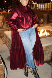 Wine Red Fashion Adult Faux Leather Solid Patchwork Turndown Collar Outerwear