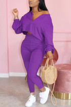 purple Fashion Patchwork Solid Asymmetrical V Neck Long Sleeve Two Pieces