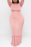 Pink Fashion Sexy adult O Neck Patchwork Solid Stitching Plus Size