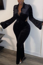Black Sexy Flocking Solid Backless Slit Turndown Collar Long Sleeve Regular Sleeve Short Two Pieces