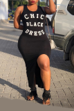 Black Casual Print Slit Letter Spaghetti Strap Pencil Skirt Dresses