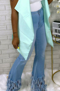 Blue Denim Button Fly Sleeveless Mid Patchwork Solid Tassel Boot Cut Pants Bottoms