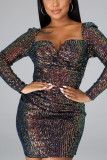Brown Sexy Street Print Embroidered Sequins Backless V Neck Pencil Skirt Dresses