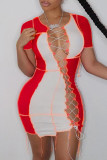 Grey Sexy Solid Bandage Hollowed Out O Neck A Line Dresses