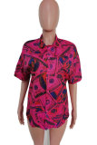 Red Nylon Turndown Collar Short Sleeve Patchwork Print Slim fit Button Tops
