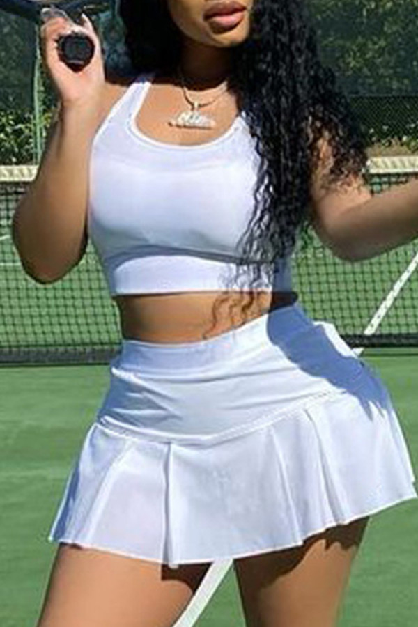 White Casual Sportswear Solid Basic U Neck Sleeveless Two Pieces