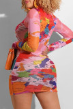 Red Sexy Print Mandarin Collar Wrapped Skirt Dresses