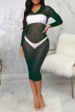 Pink Sexy Solid Mesh Hooded Collar Pencil Skirt Dresses