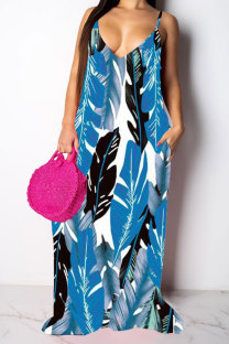 Blue Fashion Casual adult Red Blue Yellow Spaghetti Strap Sleeveless V Neck Swagger Floor-Length Print Patchwork Dresses