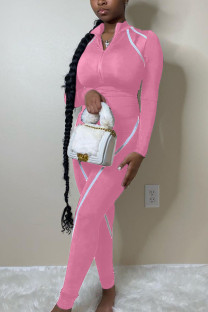 Pink Fashion Casual Adult Solid Patchwork O Neck Skinny Jumpsuits