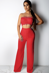 Red Fashion Sexy Patchwork Solid Lace Trim Casual Two-piece Pants Set