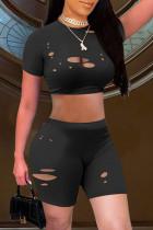 Black Fashion Casual Solid Ripped Hollowed Out O Neck Short Sleeve Two Pieces