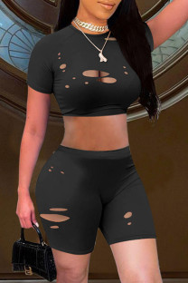 Black Fashion Casual Solid Ripped Hollowed Out O Neck Short Sleeve Two Pieces