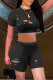 Black Fashion Casual Solid Ripped Hollowed Out O Neck Short Sleeve Two Pieces