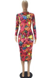 Yellow Fashion Casual Adult Print Patchwork O Neck Long Sleeve Knee Length A Line Dresses