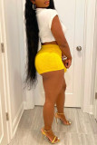Yellow Fashion Casual Solid Basic V Neck Short Sleeve Two Pieces
