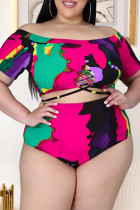 Rose Red Fashion Sexy Print Hot Drilling Backless Off the Shoulder Plus Size Swimwear