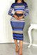 blue stripe England Striped Print pencil Long Sleeve Two Pieces
