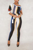 Green Fashion Striped Half Sleeve one shoulder collar Jumpsuits