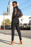 Black PU Turtleneck Long Sleeve Puff sleeve Solid perspective Patchwork Mesh Dot 
