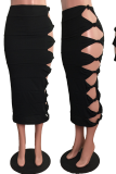 Black Sexy Solid Hollowed Out Skinny Mid Waist Pencil Solid Color Bottoms