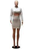 Grey Sexy Solid Hollowed Out O Neck Long Sleeve Mini Pencil Skirt Dresses