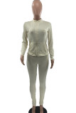 White Fashion Sexy Solid Zipper Collar Long Sleeve Regular Sleeve Regular Two Pieces