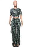 Cyan Casual Fashion adult Dot ruffle Print Two Piece Suits Straight Short Sleeve