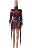 Black Sexy Print Mesh Turtleneck Pencil Skirt Dresses