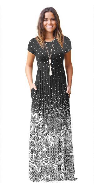 As Show-2 Brief Cute O-Neck Short Sleeve Loose Long Print Dresses