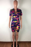 Red Casual Print Zippered Patchwork Short Sleeve Two Pieces