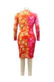 Rose Red Sexy Print Patchwork Zipper Collar Plus Size 