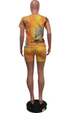 Yellow Casual Print Patchwork O Neck Short Sleeve Two Pieces