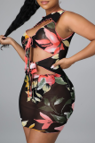 Light Blue Sexy Print Hollowed Out O Neck Pencil Skirt Dresses