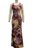 Blue Sexy Print High Opening Spaghetti Strap Irregular Dress Dresses