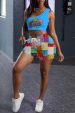 Pink Fashion Casual Print Basic One Shoulder Sleeveless Two Pieces