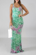 Grass Green Casual Print Patchwork Spaghetti Strap Trumpet Mermaid Dresses