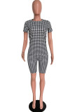 Black Fashion Casual Print Basic O Neck Short Sleeve Two Pieces