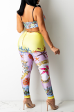 Orange Sexy Print Patchwork Spaghetti Strap Sleeveless Two Pieces