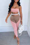 Pink Fashion Sexy Patchwork Bandage Hollowed Out Backless Strapless Skinny Jumpsuits
