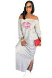 Black Casual Off The Shoulder 3/4 Length Sleeves One word collar Straight Ankle-Length Print Casual Dress