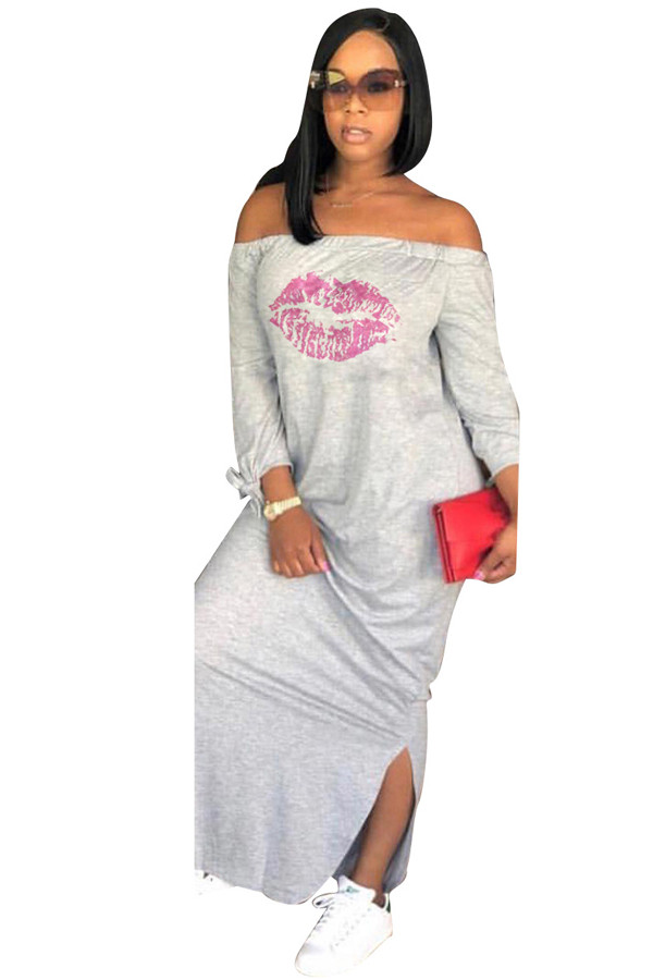 Grey Casual Off The Shoulder 3/4 Length Sleeves One word collar Straight Ankle-Length Print Casual Dress