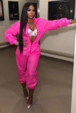 rose red Zipper Fly Mid Solid Loose Capris Jumpsuits & Rompers