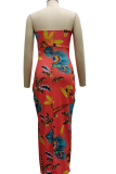 Red Sexy Print Hollowed Out Strapless Pencil Skirt Dresses
