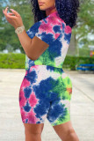 Fluorescent Green Casual Print Tie Dye Patchwork O Neck Short Sleeve Two Pieces