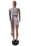 Multicolor Fashion Sexy Patchwork See-through Asymmetrical O Neck Long Sleeve Two Pieces