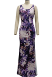 Blue Sexy Print High Opening Spaghetti Strap Irregular Dress Dresses