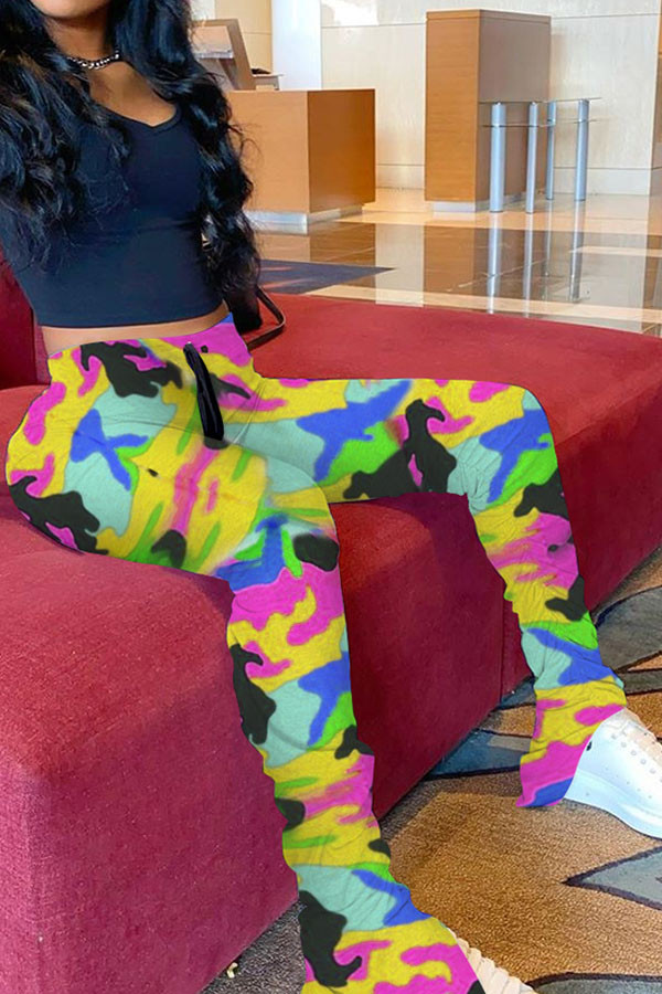 Yellow Green Orange Yellow purple Army Green Elastic Fly Mid camouflage Boot Cut Pants Bottoms